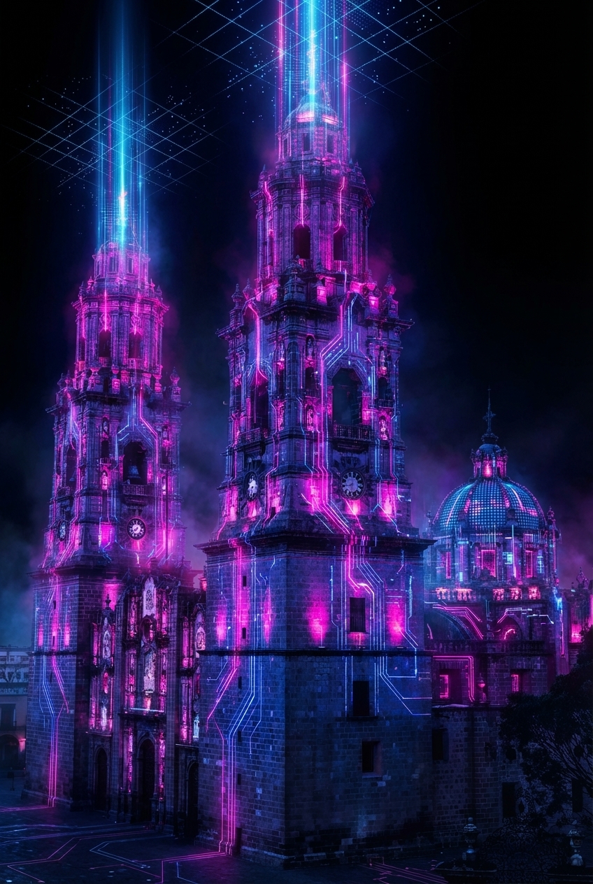 La Catedral de Puebla reimaginada como un nodo de infraestructura digital futurista, con arquitectura barroca fusionada con circuitos de neón magenta y azul.
